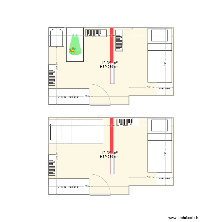 Chambre salon et douche interne. Plan de 2 pièces et 25 m2