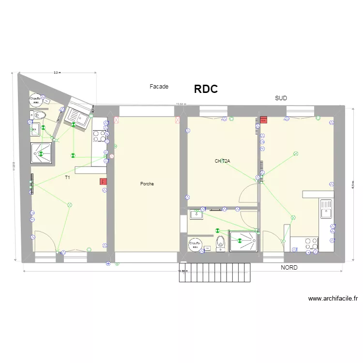 RDC REBAIS r&eacute;nov&eacute;v3 Prises, luminaires et cuisine SDB. Plan de 