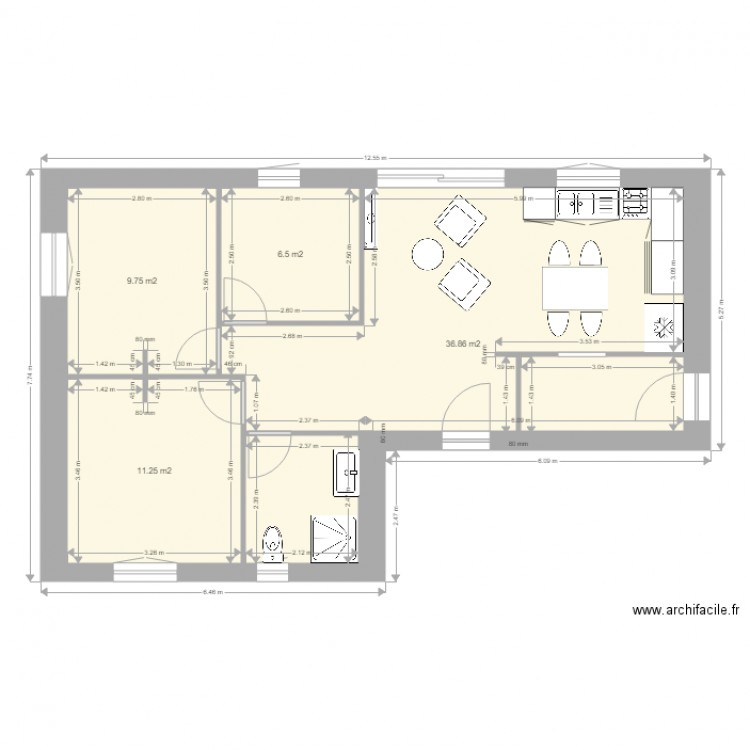 green bureau. Plan de 4 pièces et 64 m2