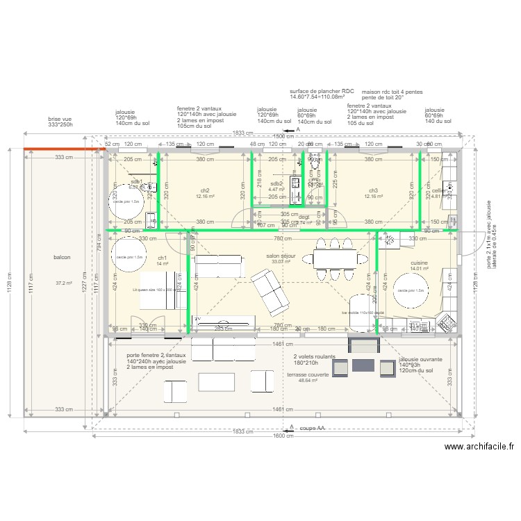 maison mur 20 cloison 10. Plan de 12 pièces et 192 m2