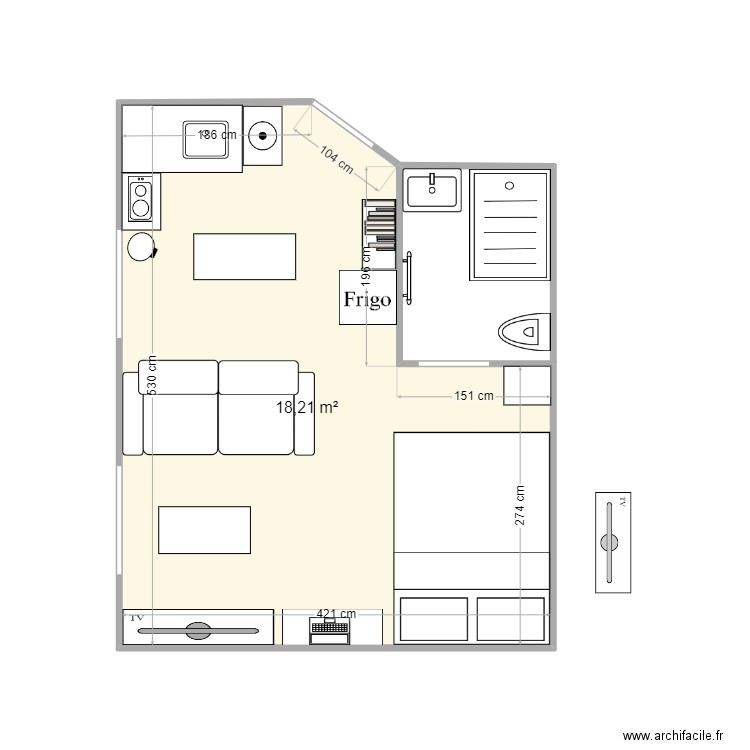 Studio 20m2. Plan de 1 pièce et 18 m2