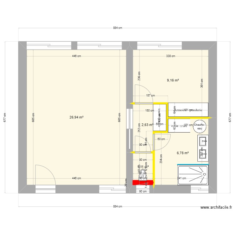 extension aménagement fixe. Plan de 5 pièces et 47 m2