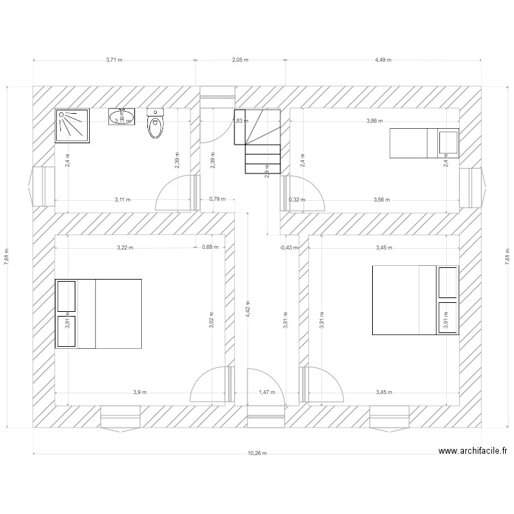 1er étage aménagé. Plan de 5 pièces et 56 m2