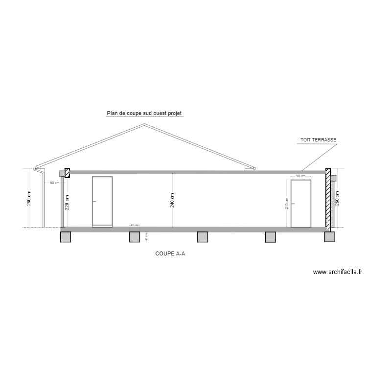 Plan de coupe sud-ouest / Projet. Plan de 0 pièce et 0 m2