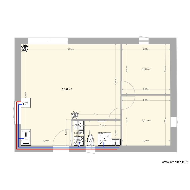 mobil home réseau eau. Plan de 5 pièces et 55 m2