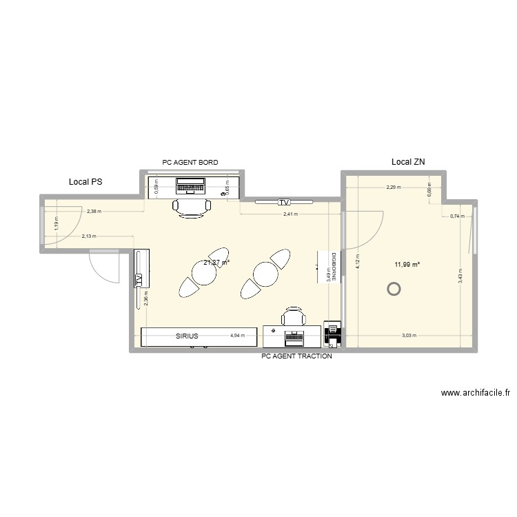 Local PS. Plan de 2 pièces et 33 m2
