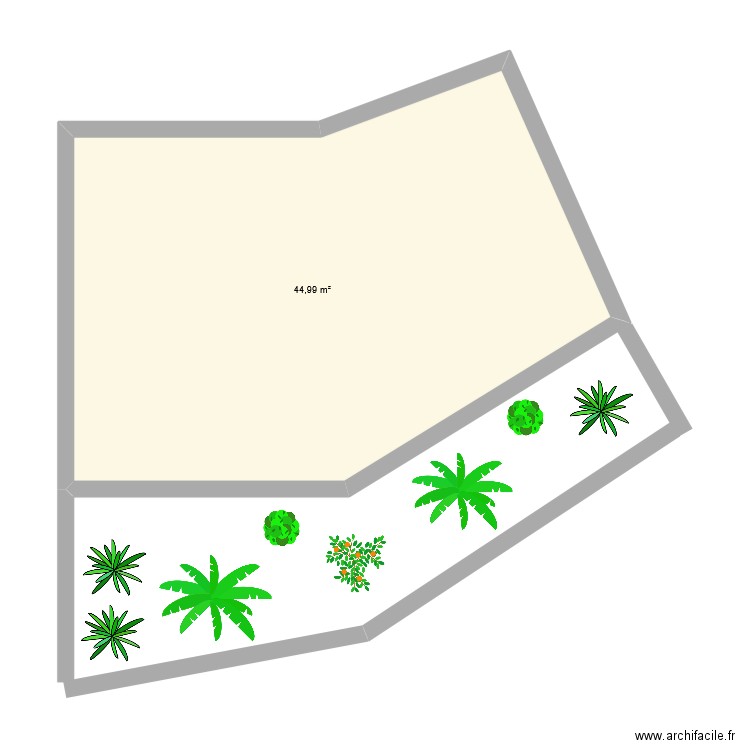 terrasse + jardin. Plan de 1 pièce et 45 m2