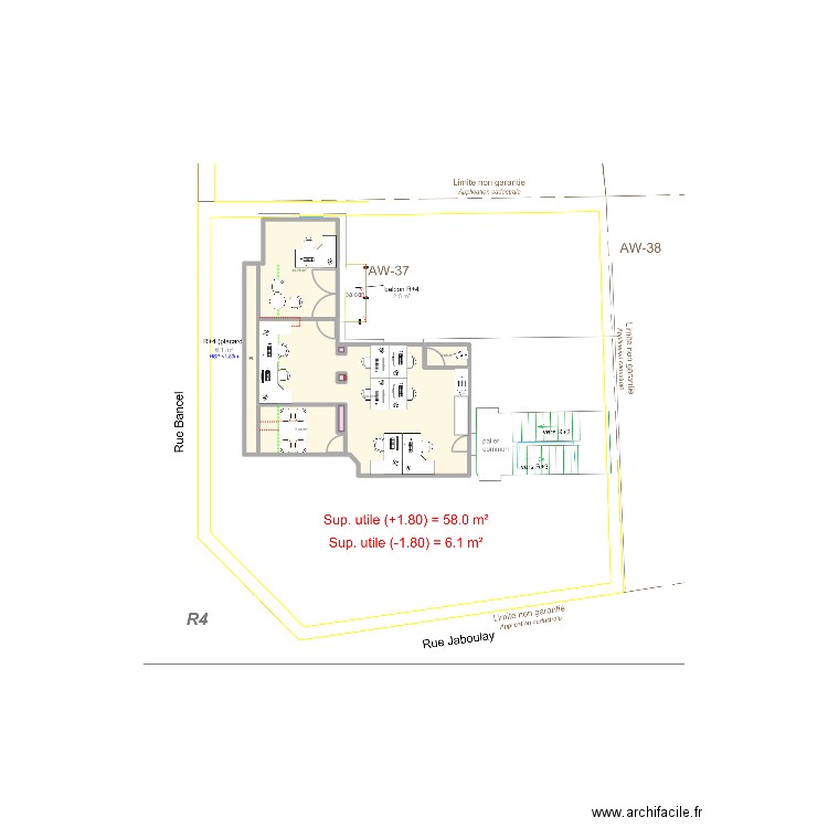 Projet 4ème étage - Sanitaires. Plan de 6 pièces et 68 m2