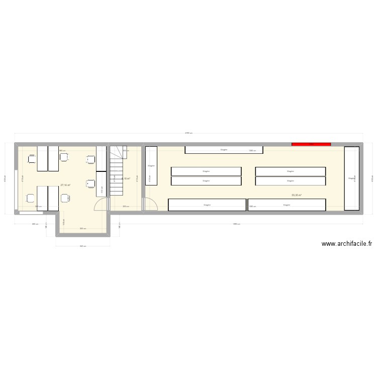 Étage atelier bureaux 160x70. Plan de 3 pièces et 91 m2