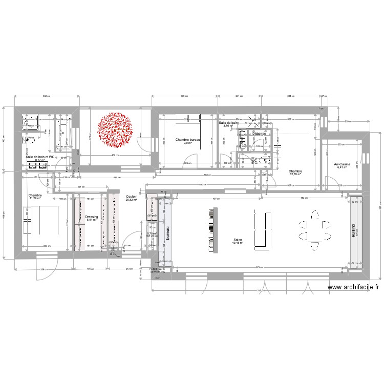 PLAN4B-3JUIN NOUVEAU2 beton et-COULOIR pour CHAMBRE-sans ouverture NORD-2 juin -134m2-. Plan de 16 pièces et 134 m2