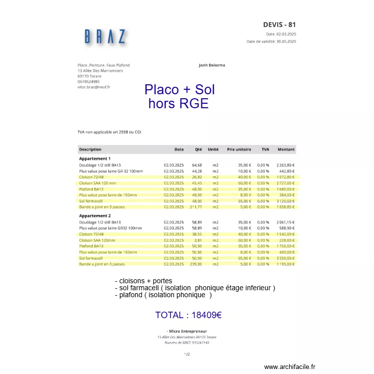 placo + sol ( hors RGE ). Plan de placo + sol ( hors RGE ). Plan de