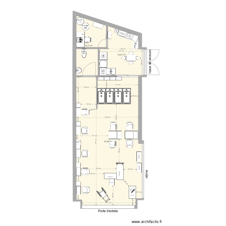 salon coiff. Plan de 3 pièces et 65 m2