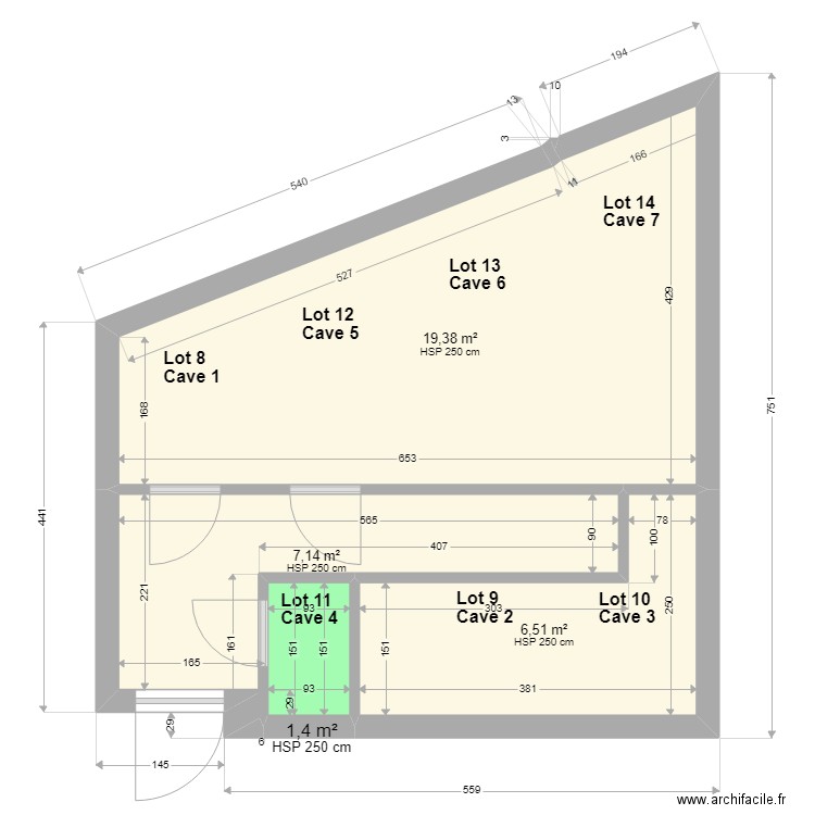 plan 7 caves modifié 2 & 1 & 3. Plan de 4 pièces et 34 m2