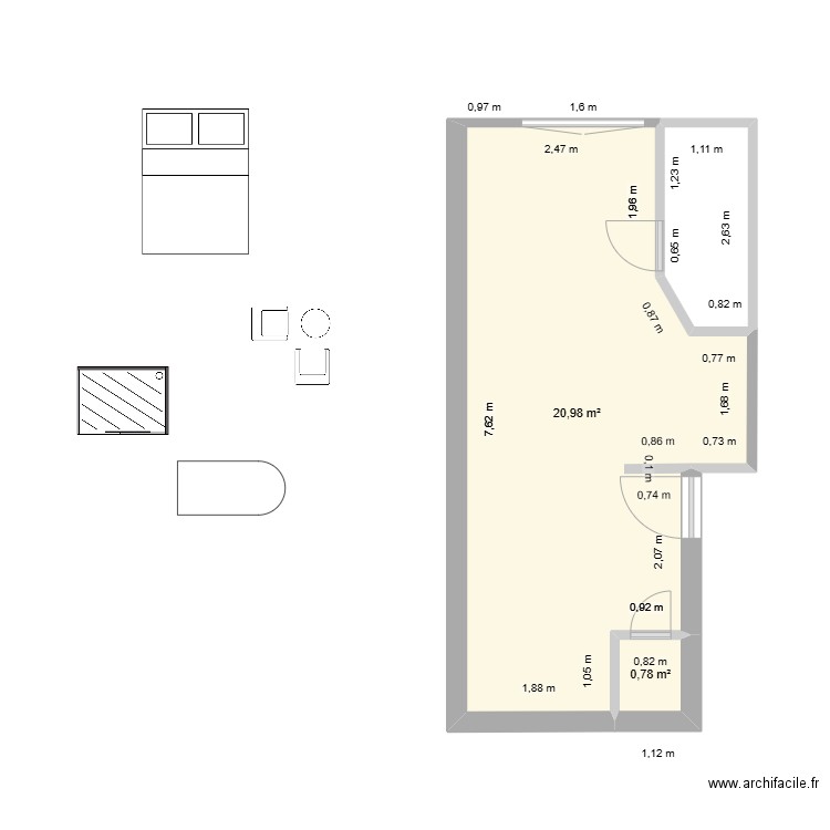 Grancamp dimension. Plan de 2 pièces et 22 m2