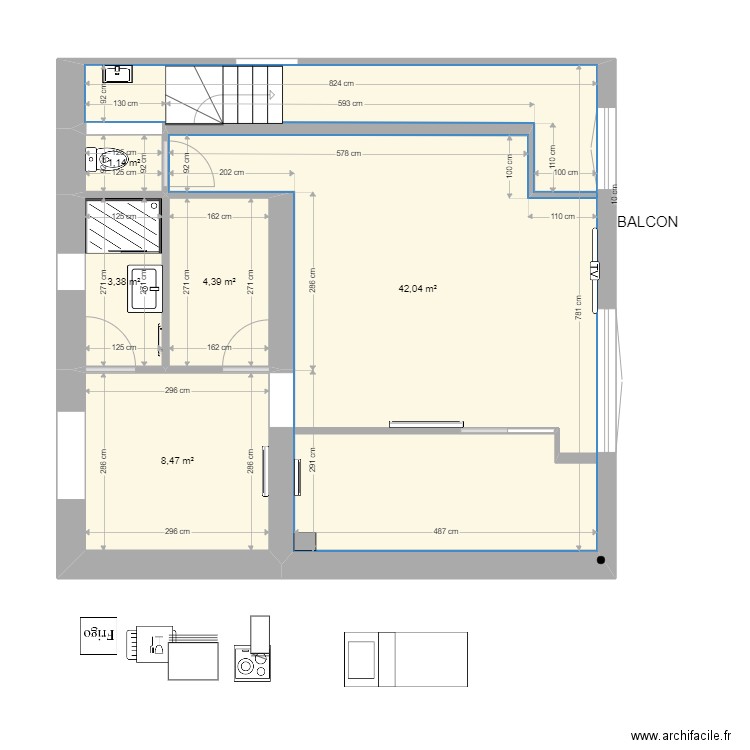 Appart 6 1 nu. Plan de 5 pièces et 59 m2