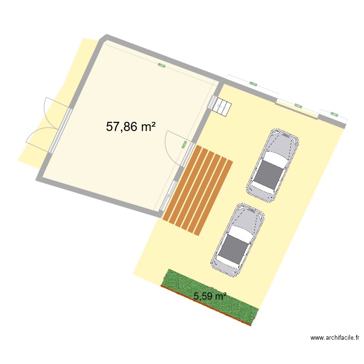 Chav cour actuelle. Plan de 1 pièce et 58 m2