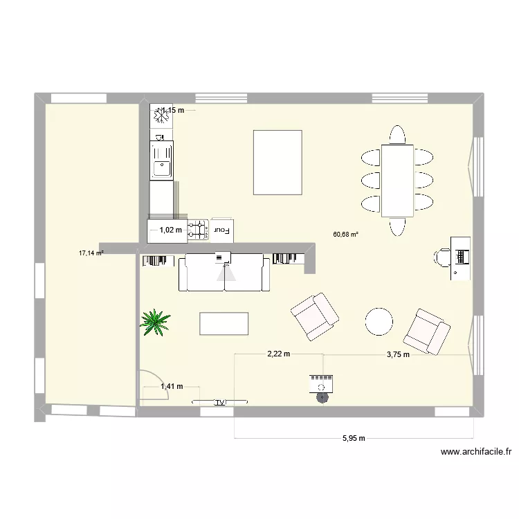 salon-cuisine-v5. Plan de 2  et 78 m²