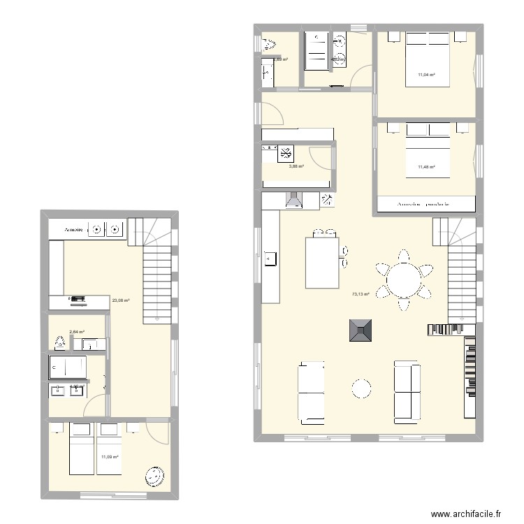 Maison 2 Niveaux. Plan de 10 pièces et 148 m2