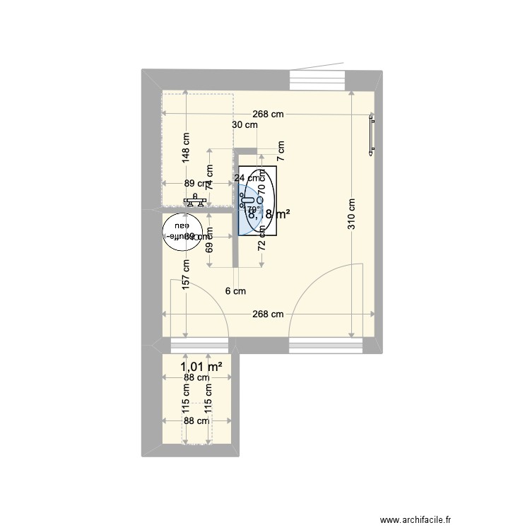 SDB dernière version. Plan de 2 pièces et 9 m2