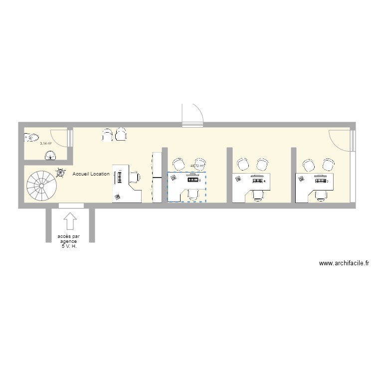 amenagement agence 3 VH dédié location 4 bureaux. Plan de 2 pièces et 52 m2