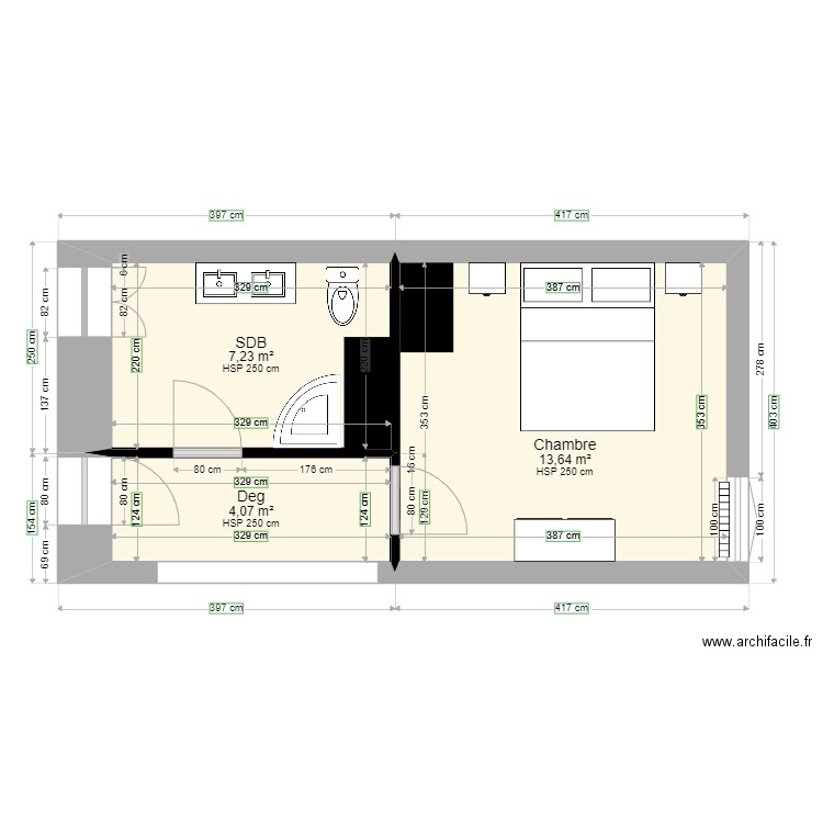 Niveau 1er. Plan de 3 pièces et 25 m2