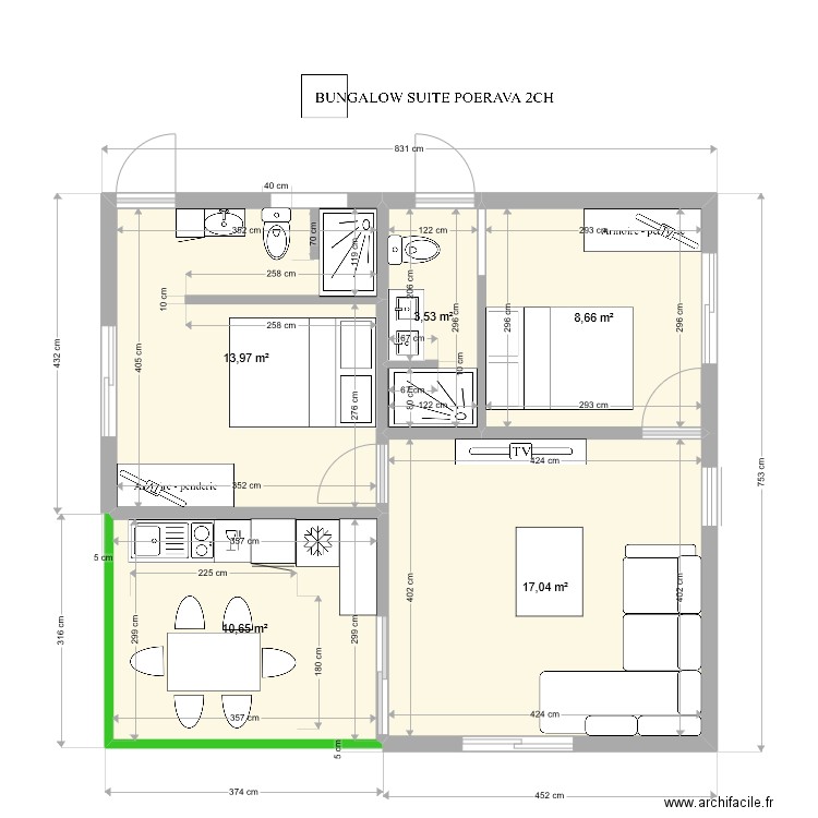 bungalow 2 chambres parentales POERAVA. Plan de 5 pièces et 54 m2