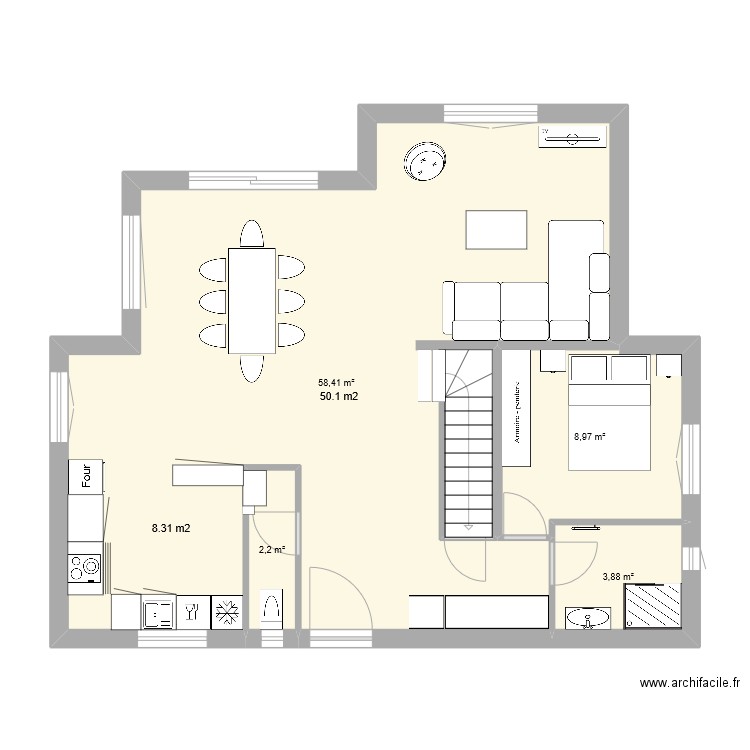 plan rez chaussee avec metrage v2 meuble. Plan de 4 pièces et 73 m2