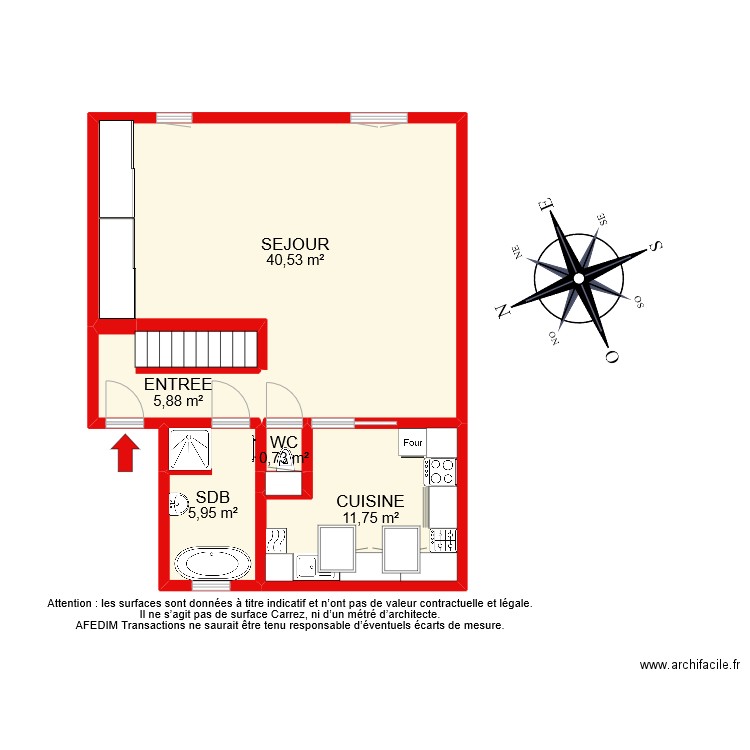 BI 11306 RDC. Plan de 6 pièces et 65 m2