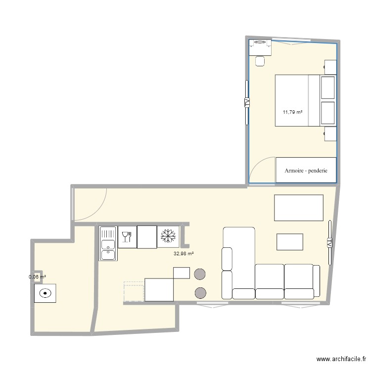 mon f2 . Plan de 3 pièces et 45 m2