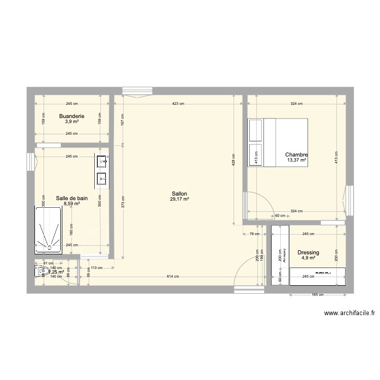 Plan JF 2. Plan de 6 pièces et 61 m2