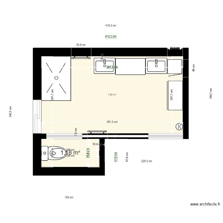 sdb1. Plan de 2 pièces et 9 m2