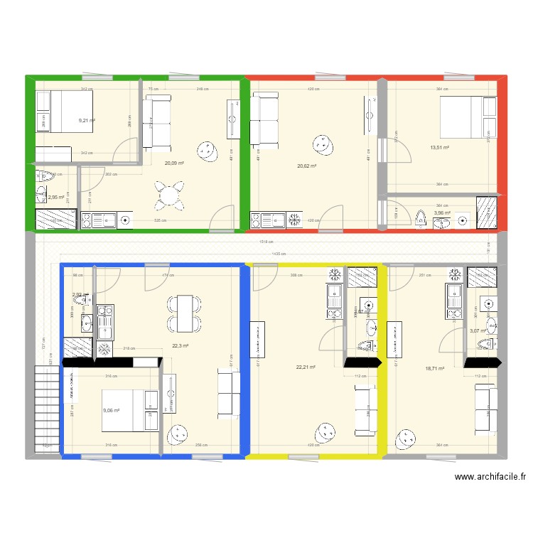 173 République R+1 futur bis. Plan de 14 pièces et 172 m2