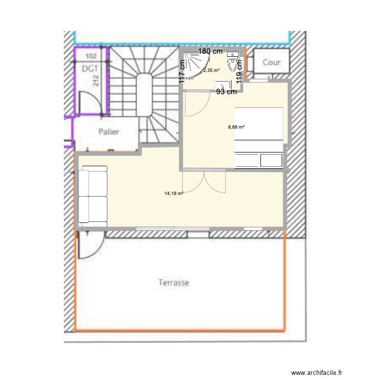 studio chambre 9m2 . Plan de 3 pièces et 25 m2