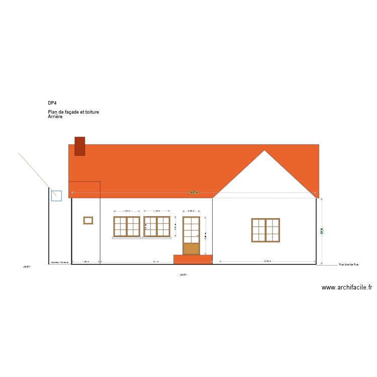 DP4 Plan de façade et toiture arrière. Plan de 1 pièce et 47 m2