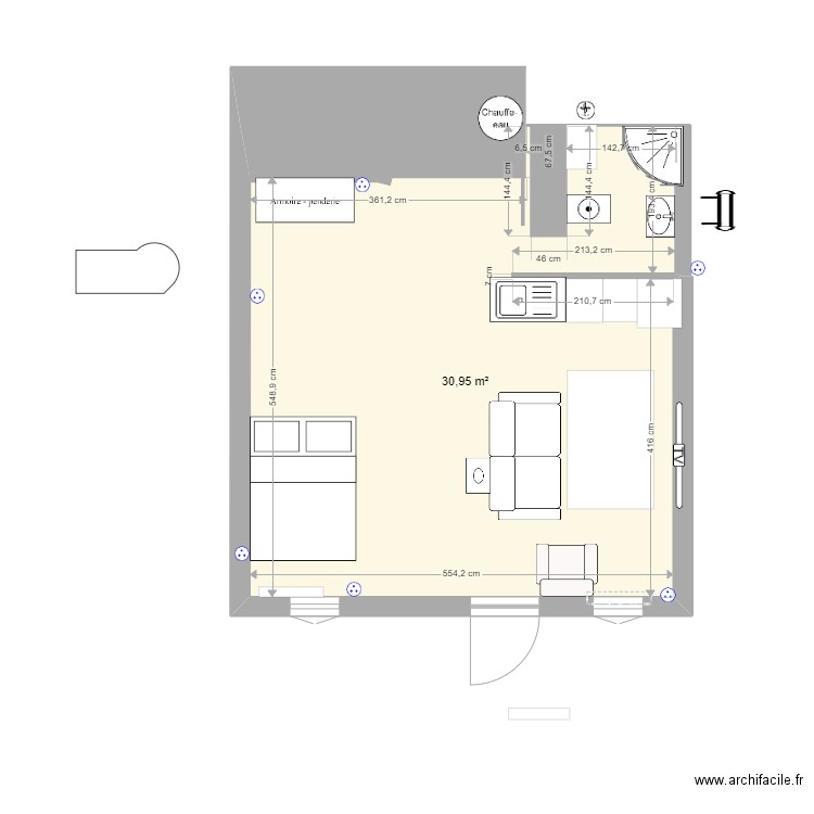 Logement rdc 2. Plan de 1 pièce et 31 m2