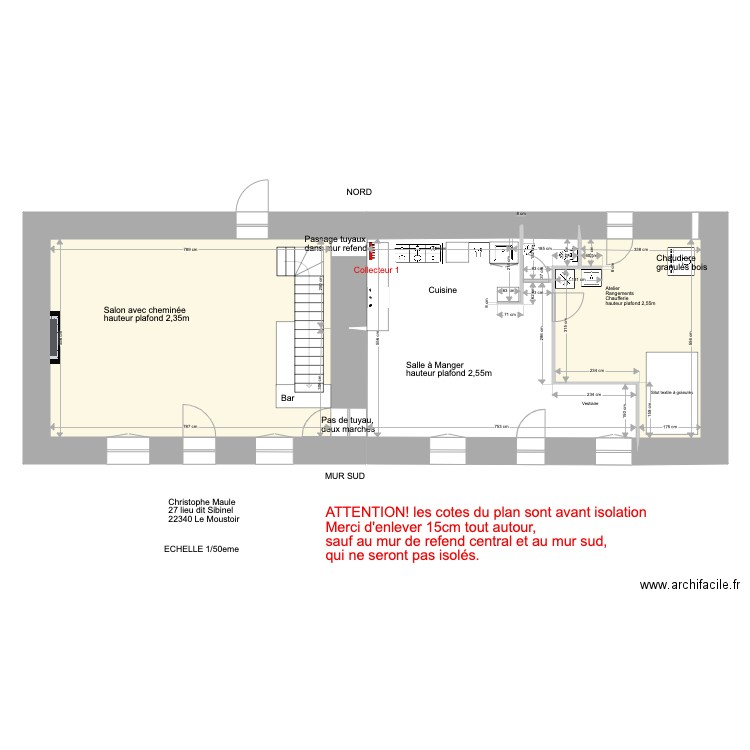 Sibinel Rez de chaussee Etude chauffage. Plan de 3 pièces et 95 m2