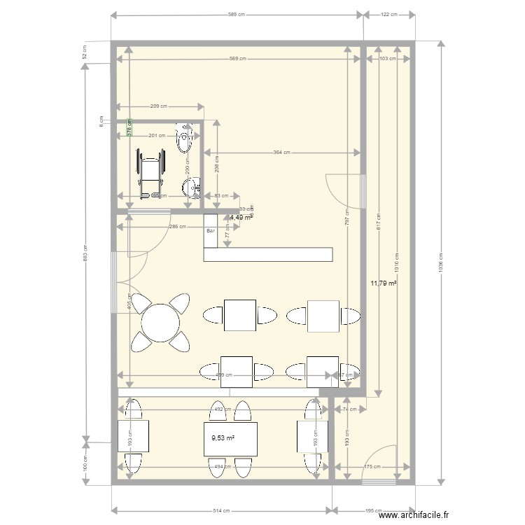 pacifique bar agencement. Plan de 3 pièces et 66 m2