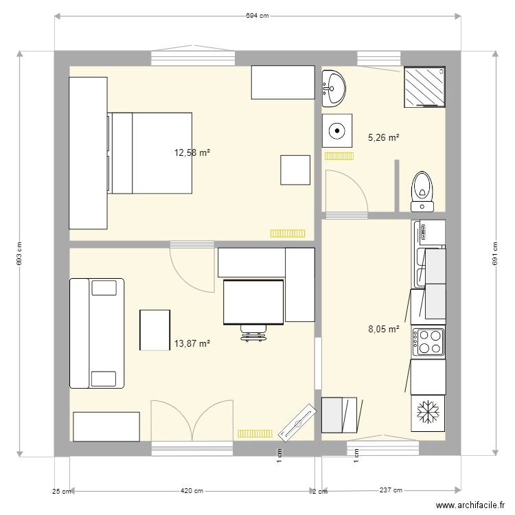 Notre Dame. Plan de 4 pièces et 40 m2