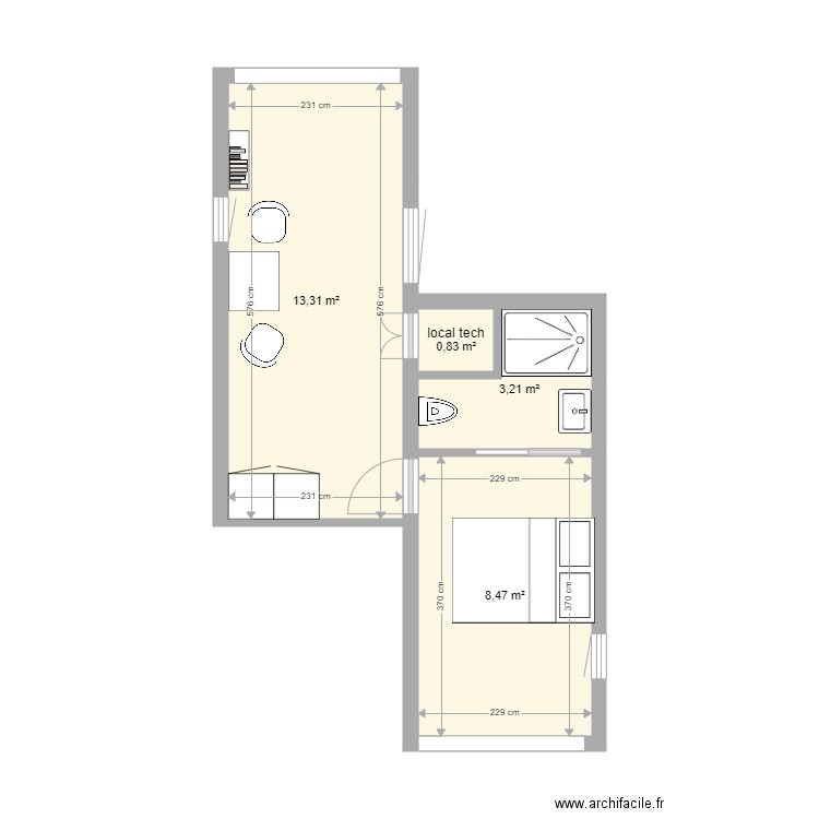 type 2 vie. Plan de 4 pièces et 26 m2