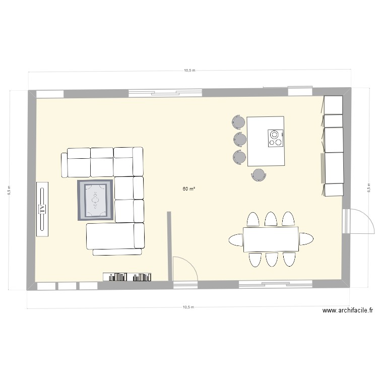 Pièce de vie 60m2. Plan de 1 pièce et 60 m2