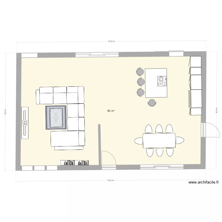 Pi&egrave;ce de vie 60m2. Plan de 