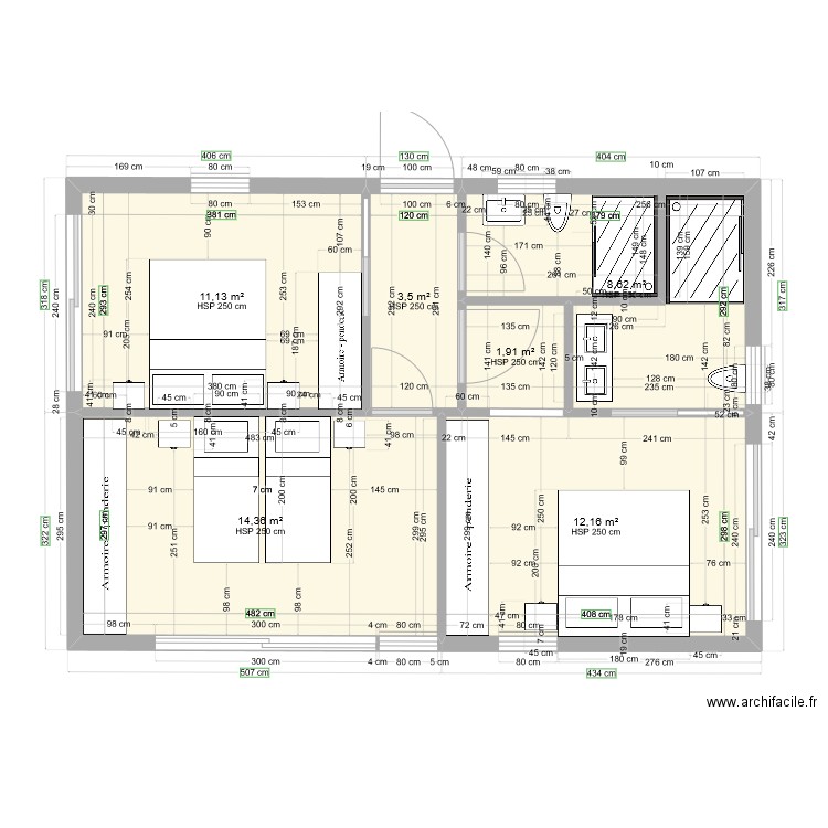 Etage surface 54m2 habitable. Plan de 6 pièces et 52 m2