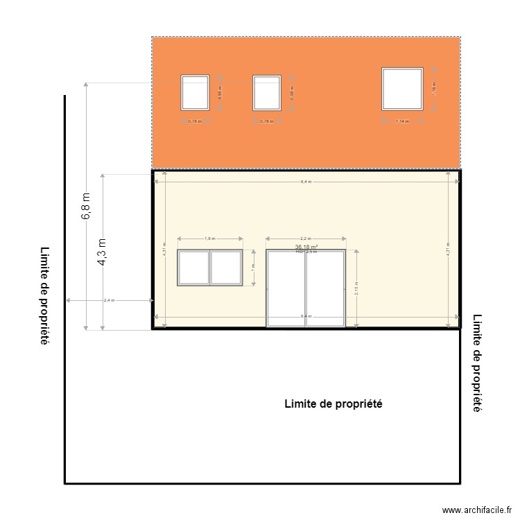 plan façade coté après travaux Face arrière. Plan de 1 pièce et 36 m2