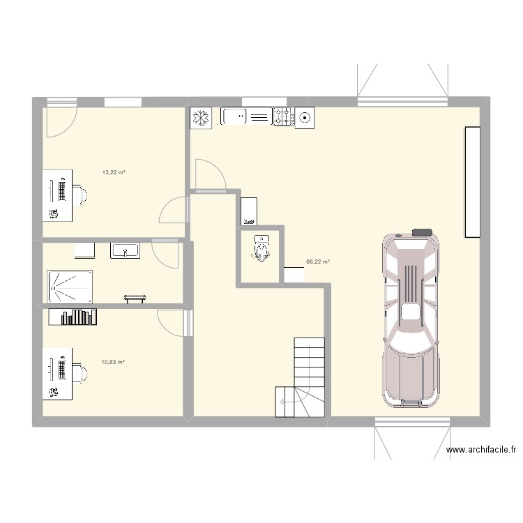 RDC version 1. Plan de 4 pièces et 92 m2