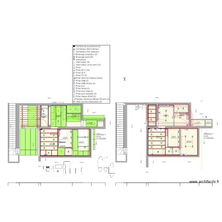 Studio. Plan de 15 pièces et 61 m2