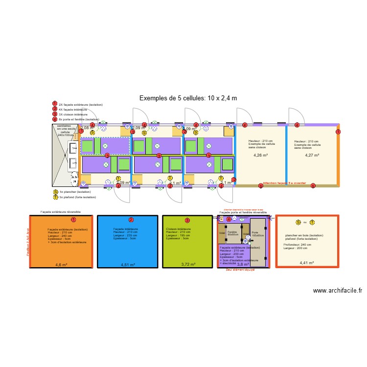 Exemples de 5 cellules panneaux 02. Plan de 13 pièces et 42 m2