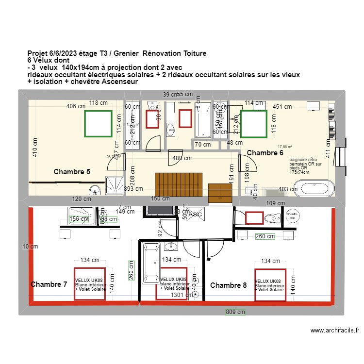 Projet 2 ETAGE T3 Réaménagement chambres étage . Plan de 7 pièces et 52 m2