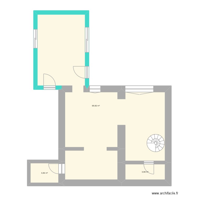 avec extension. Plan de 3 pièces et 77 m2