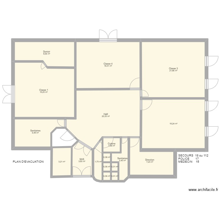 Fosseuse école plan A. Plan de 18 pièces et 136 m2