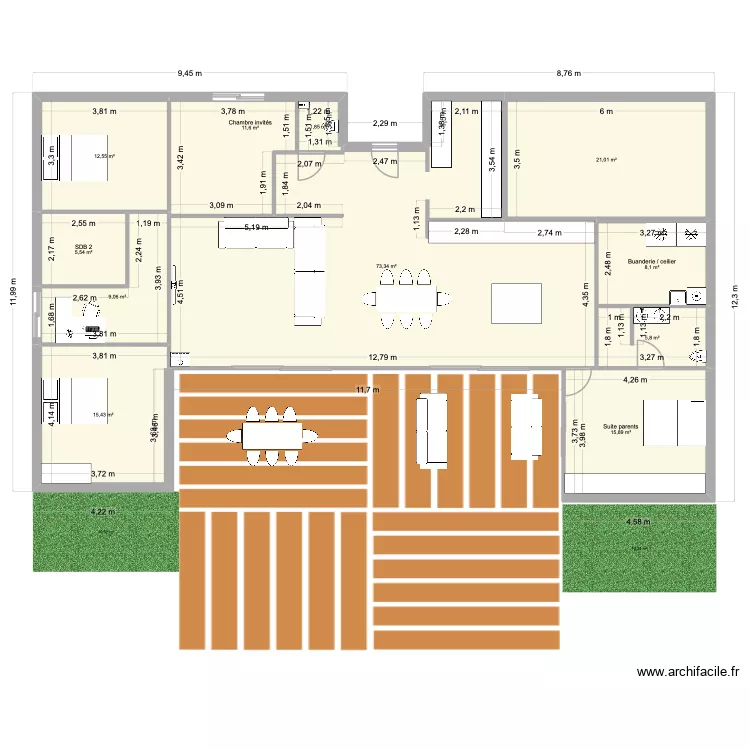 Projet U traversant. Plan de 11  et 180 m²